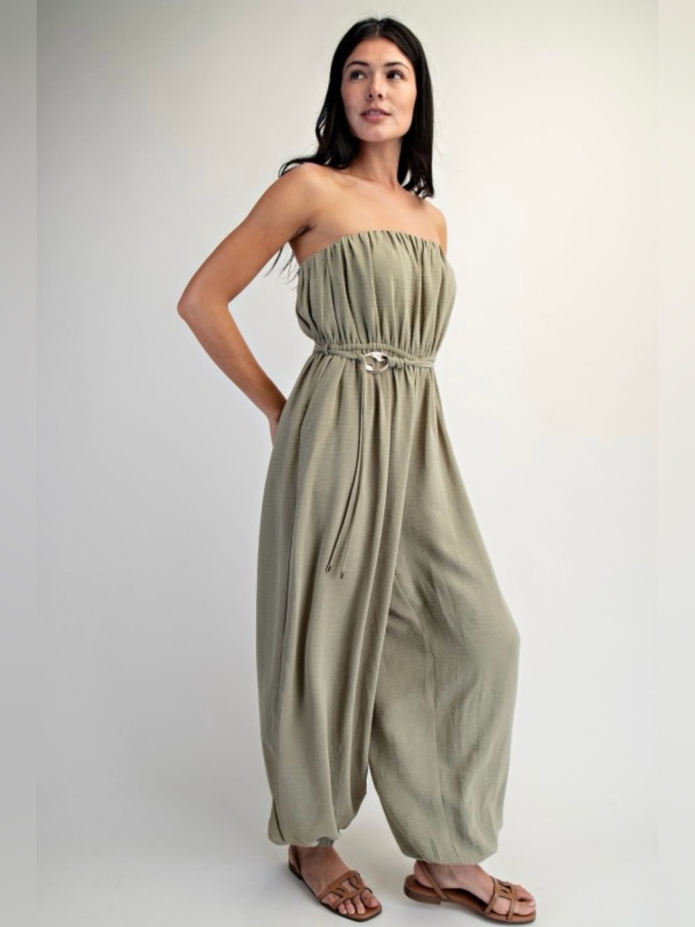 A448. Strapless Olive Green Balloon Pant Jumpsuit with Cinched Waist